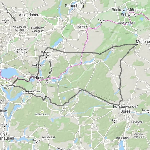 Karten-Miniaturansicht der Radinspiration "Erlebnisreiche Rundtour um Müggelheim" in Berlin, Germany. Erstellt vom Tarmacs.app-Routenplaner für Radtouren