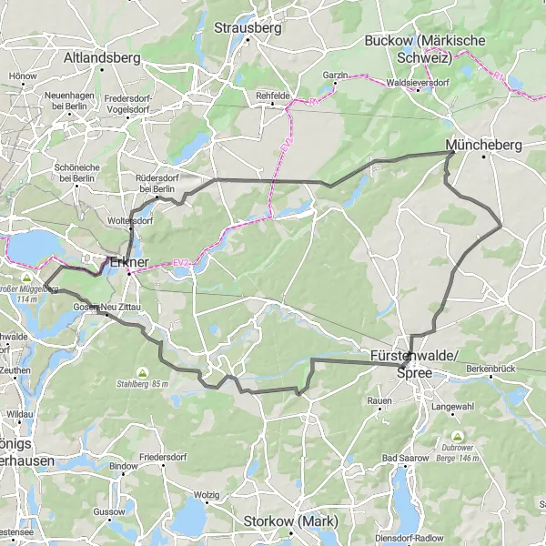 Map miniature of "The Tranquil Road Cycling Route from Müggelheim to Seddinberg" cycling inspiration in Berlin, Germany. Generated by Tarmacs.app cycling route planner