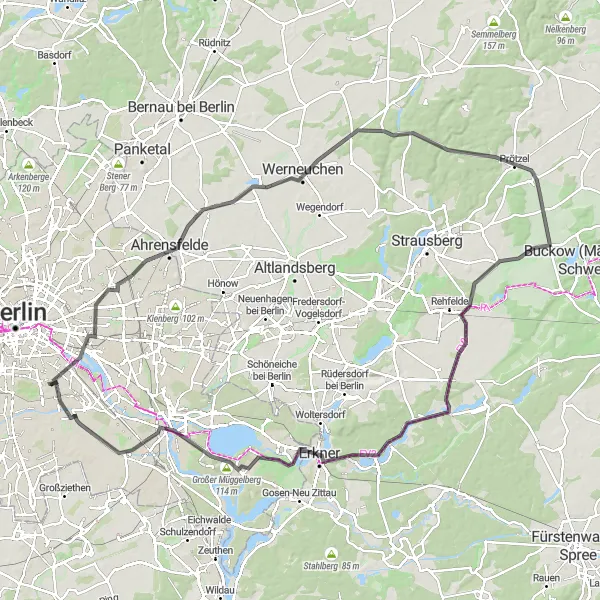 Karten-Miniaturansicht der Radinspiration "Rund um den Müggelturm" in Berlin, Germany. Erstellt vom Tarmacs.app-Routenplaner für Radtouren