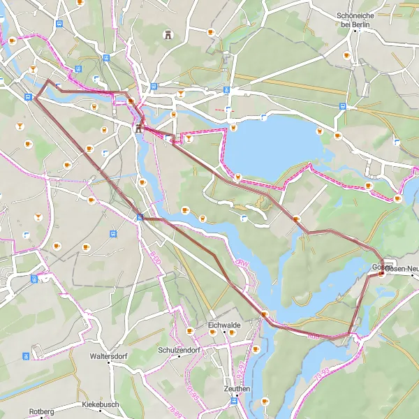 Map miniature of "Scenic Gravel Ride to Müggelturm" cycling inspiration in Berlin, Germany. Generated by Tarmacs.app cycling route planner