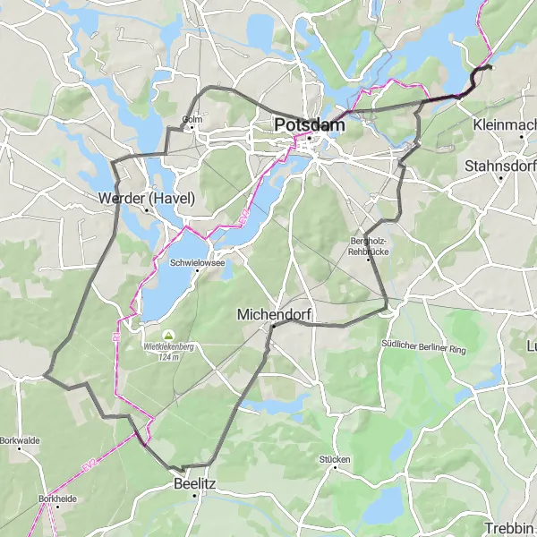 Map miniature of "Tannenberge and Beelitz-Heilstätten Road Route" cycling inspiration in Berlin, Germany. Generated by Tarmacs.app cycling route planner