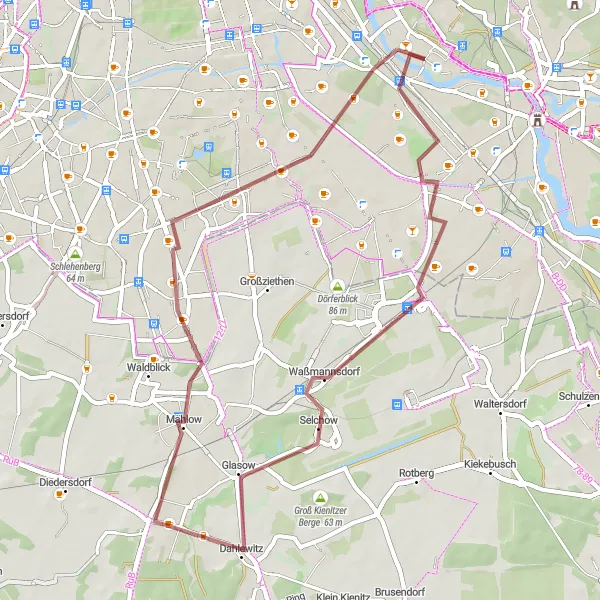 Map miniature of "Gravel Adventure to Dahlewitz" cycling inspiration in Berlin, Germany. Generated by Tarmacs.app cycling route planner