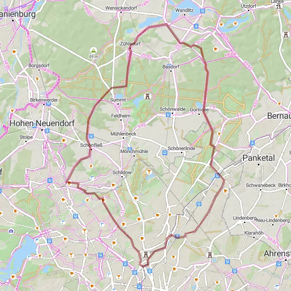 Map miniature of "The Adventure to Schönfließ and Gorinsee" cycling inspiration in Berlin, Germany. Generated by Tarmacs.app cycling route planner