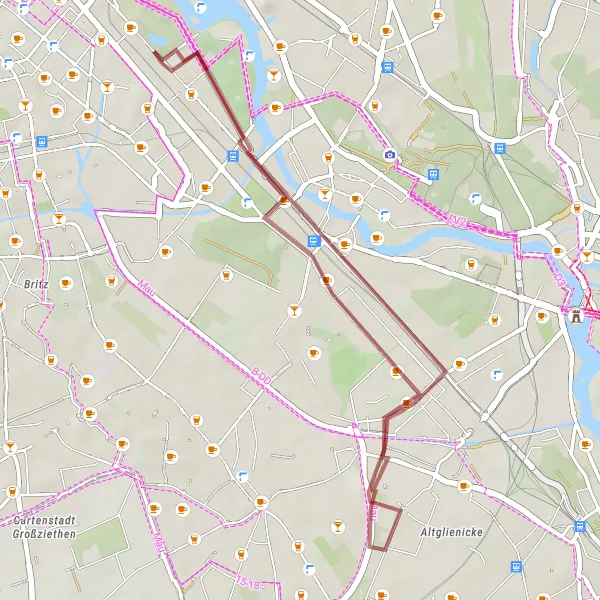 Map miniature of "Gravel Route around Plänterwald, Rudower Höhe, Inselspitze - Kap Stralau, and Insel der Jugend" cycling inspiration in Berlin, Germany. Generated by Tarmacs.app cycling route planner