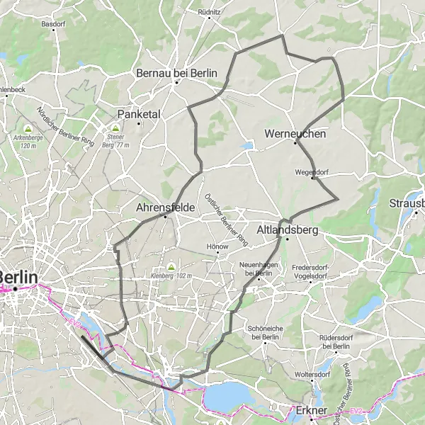 Map miniature of "Road Route through Friedrichsfelde, Börnicke, Tempelfelde, Wegendorf, Dahlwitz-Hoppegarten, Köpenick, and Aussichtspunkt Bunkerberg" cycling inspiration in Berlin, Germany. Generated by Tarmacs.app cycling route planner