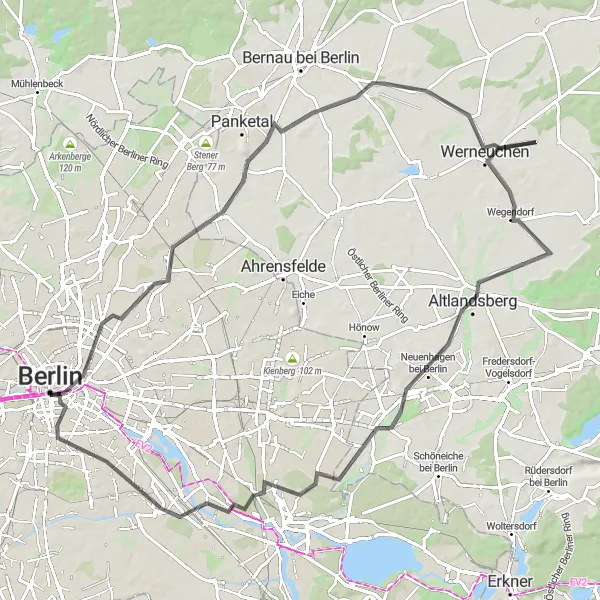 Map miniature of "Prenzlauer Berg Loop" cycling inspiration in Berlin, Germany. Generated by Tarmacs.app cycling route planner