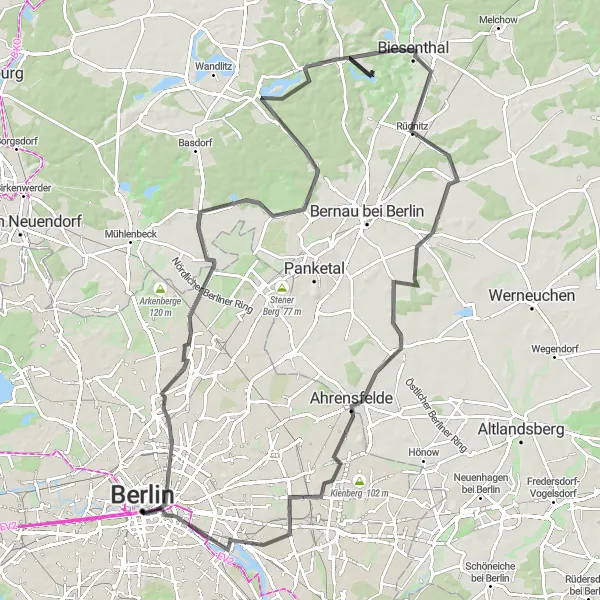 Map miniature of "The Road Warrior Challenge" cycling inspiration in Berlin, Germany. Generated by Tarmacs.app cycling route planner