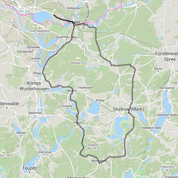 Map miniature of "Brandenburg Lakes Circuit" cycling inspiration in Berlin, Germany. Generated by Tarmacs.app cycling route planner