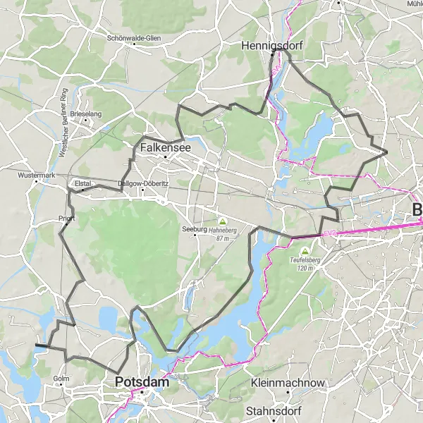 Karten-Miniaturansicht der Radinspiration "Herausfordernde Straßenrundfahrt nahe Reinickendorf" in Berlin, Germany. Erstellt vom Tarmacs.app-Routenplaner für Radtouren