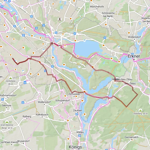 Map miniature of "Scenic Gravel Road Adventure" cycling inspiration in Berlin, Germany. Generated by Tarmacs.app cycling route planner