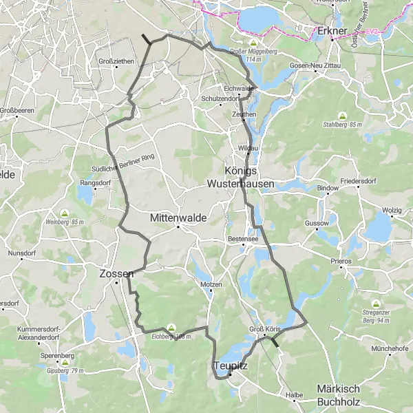 Map miniature of "Hidden Gems of Brandenburg" cycling inspiration in Berlin, Germany. Generated by Tarmacs.app cycling route planner