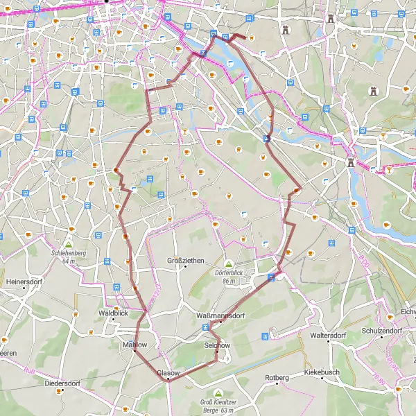 Map miniature of "Gravel Route: The Johannisthal Adventure" cycling inspiration in Berlin, Germany. Generated by Tarmacs.app cycling route planner