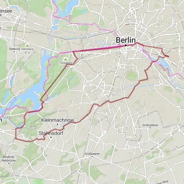 Map miniature of "Gravel Route: The Seelenparadies Expedition" cycling inspiration in Berlin, Germany. Generated by Tarmacs.app cycling route planner