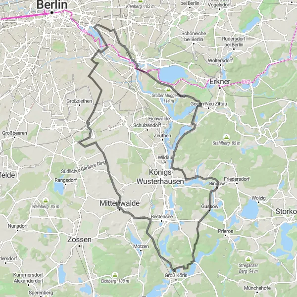 Map miniature of "Road Route: The Müggelheim Challenge" cycling inspiration in Berlin, Germany. Generated by Tarmacs.app cycling route planner