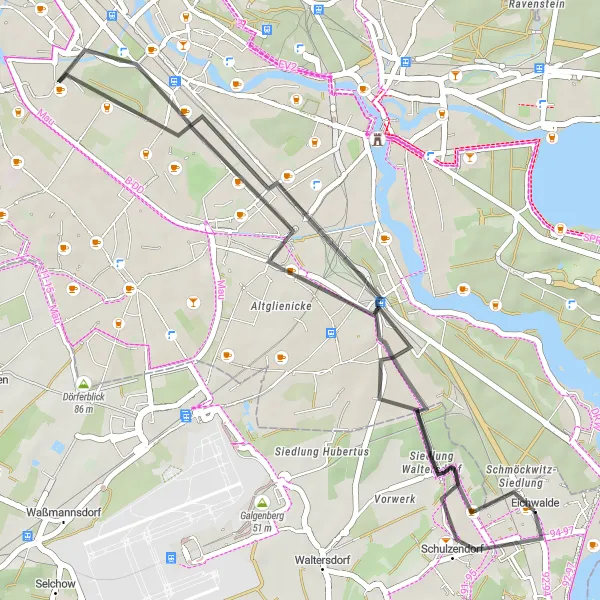 Map miniature of "Leisurely ride through Johannisthal and Heideberg" cycling inspiration in Berlin, Germany. Generated by Tarmacs.app cycling route planner