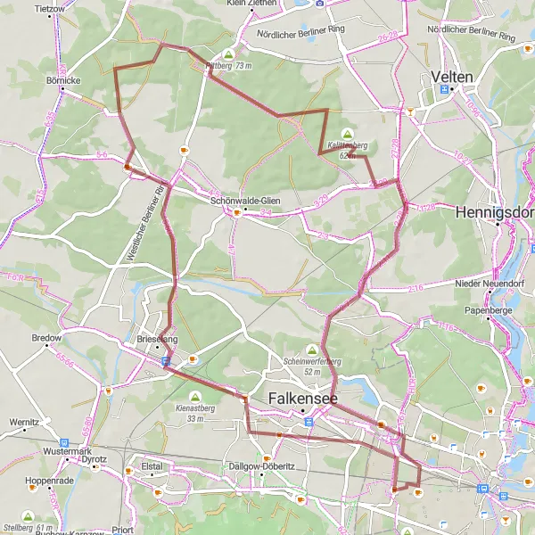 Map miniature of "Finkenkrug to Fundament Baracke 7 Gravel Trail" cycling inspiration in Berlin, Germany. Generated by Tarmacs.app cycling route planner