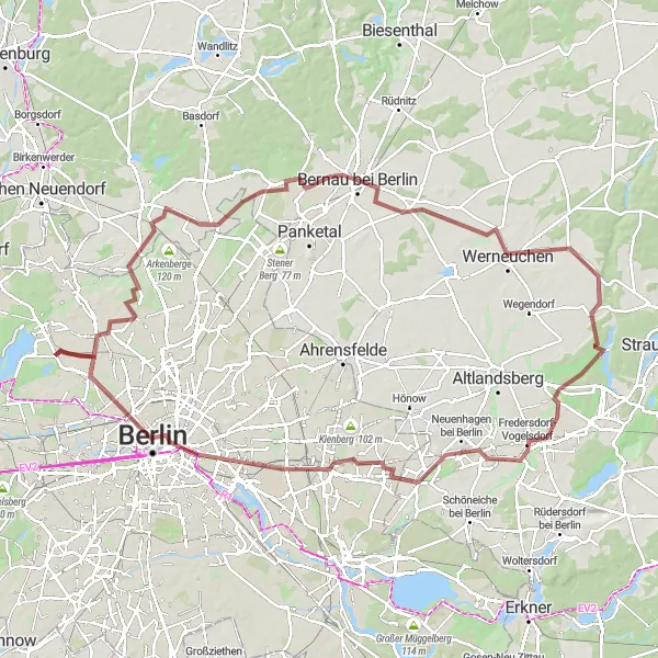 Map miniature of "Berlin Gravel Adventure" cycling inspiration in Berlin, Germany. Generated by Tarmacs.app cycling route planner