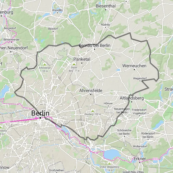 Map miniature of "Through the Greenery" cycling inspiration in Berlin, Germany. Generated by Tarmacs.app cycling route planner