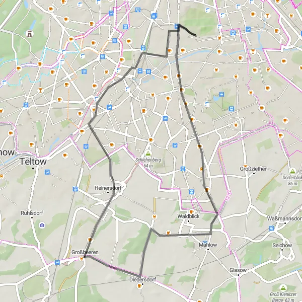 Karten-Miniaturansicht der Radinspiration "Tempelhofer Mühlenberg und Diedersdorf" in Berlin, Germany. Erstellt vom Tarmacs.app-Routenplaner für Radtouren