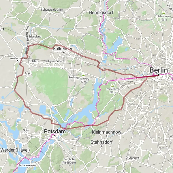 Map miniature of "Gravel Unterwegs" cycling inspiration in Berlin, Germany. Generated by Tarmacs.app cycling route planner