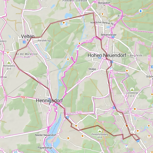Karten-Miniaturansicht der Radinspiration "Gravel-Abenteuer rund um Hennigsdorf" in Berlin, Germany. Erstellt vom Tarmacs.app-Routenplaner für Radtouren