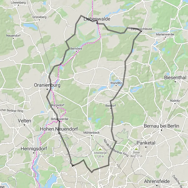 Karten-Miniaturansicht der Radinspiration "Oranienburg und Zerpenschleuse Radroute" in Berlin, Germany. Erstellt vom Tarmacs.app-Routenplaner für Radtouren