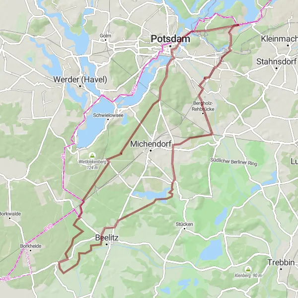 Map miniature of "Beelitz-Heilstätten Gravel Exploration" cycling inspiration in Berlin, Germany. Generated by Tarmacs.app cycling route planner