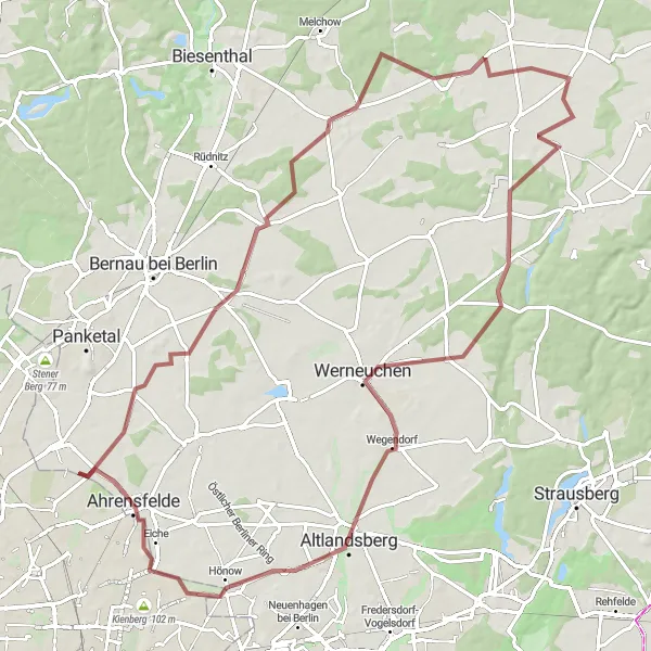 Map miniature of "Wartenberg - Ahrensfelde Loop" cycling inspiration in Berlin, Germany. Generated by Tarmacs.app cycling route planner