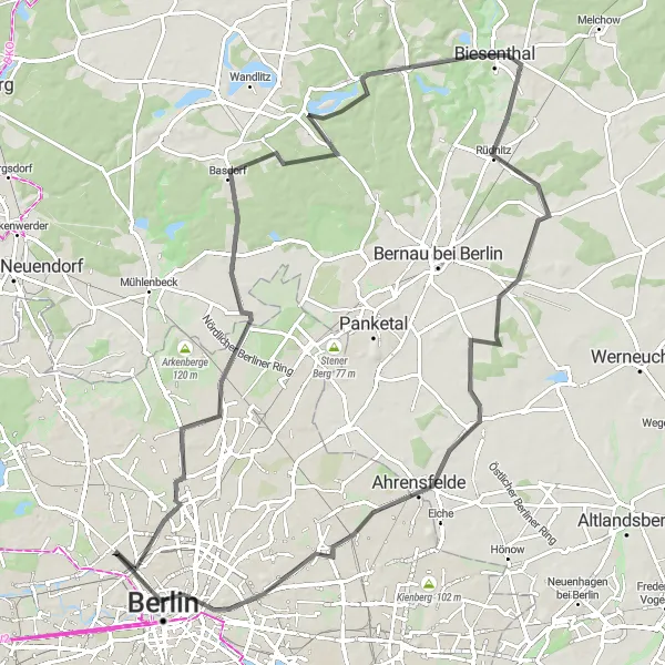 Map miniature of "Berlin Hills Road Route" cycling inspiration in Berlin, Germany. Generated by Tarmacs.app cycling route planner
