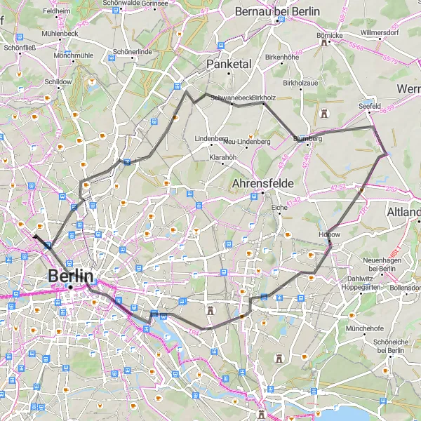 Karten-Miniaturansicht der Radinspiration "Road-Tour durch die Natur im Osten Berlins" in Berlin, Germany. Erstellt vom Tarmacs.app-Routenplaner für Radtouren