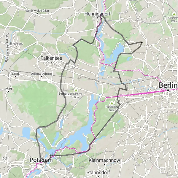 Map miniature of "The Scenic Road Cycling Route from Wittenau to Potsdam" cycling inspiration in Berlin, Germany. Generated by Tarmacs.app cycling route planner