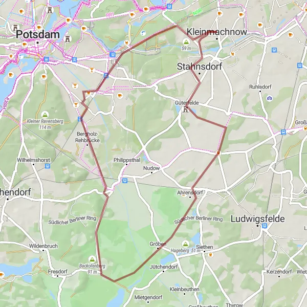 Map miniature of "Scenic Gravel Path to Ahrensdorf and Kleinmachnow" cycling inspiration in Berlin, Germany. Generated by Tarmacs.app cycling route planner