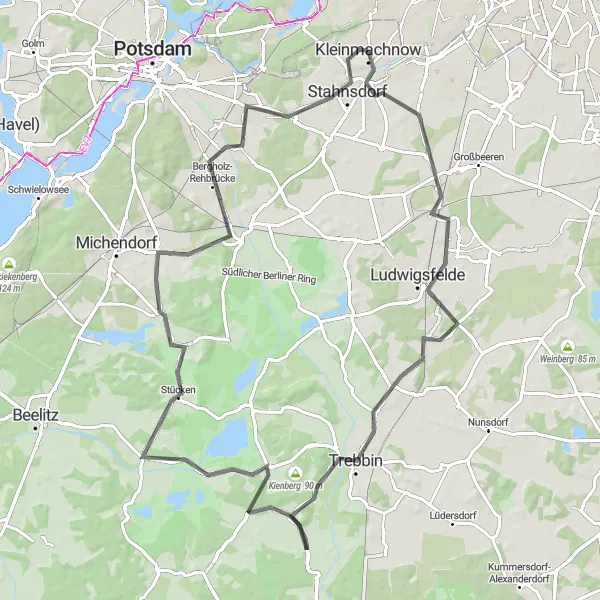 Map miniature of "Ludwigsfelde to Stahnsdorf Road Adventure" cycling inspiration in Berlin, Germany. Generated by Tarmacs.app cycling route planner