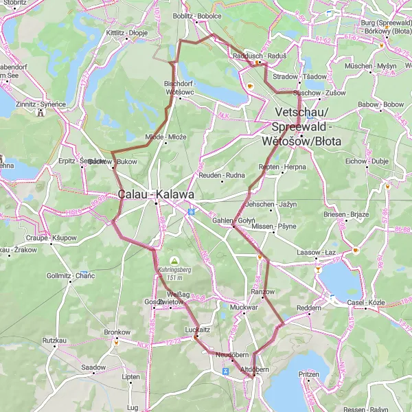 Map miniature of "Scenic Gravel Adventure around Altdöbern" cycling inspiration in Brandenburg, Germany. Generated by Tarmacs.app cycling route planner