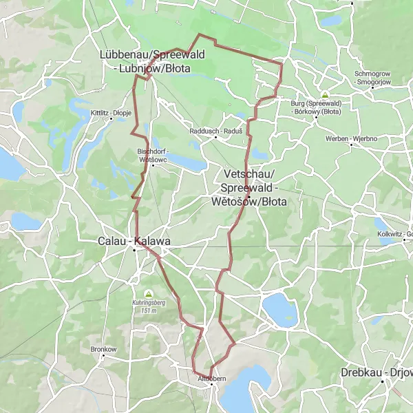 Map miniature of "Gravel Extravaganza: Discovering Altdöbern and Beyond" cycling inspiration in Brandenburg, Germany. Generated by Tarmacs.app cycling route planner