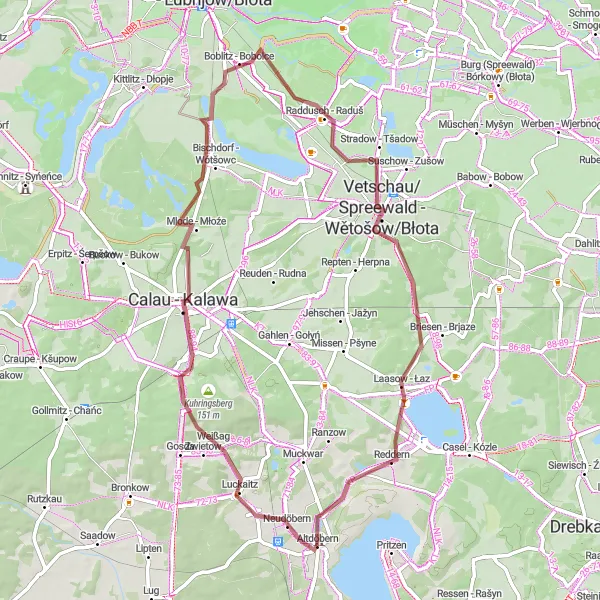 Map miniature of "The Calau-Kalawa Gravel Adventure" cycling inspiration in Brandenburg, Germany. Generated by Tarmacs.app cycling route planner