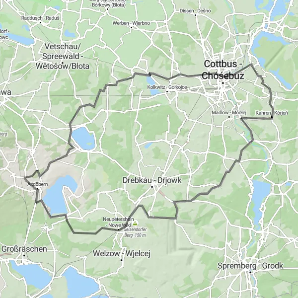 Map miniature of "The Cottbus-Chóśebuz Scenic Road Cycling Route" cycling inspiration in Brandenburg, Germany. Generated by Tarmacs.app cycling route planner
