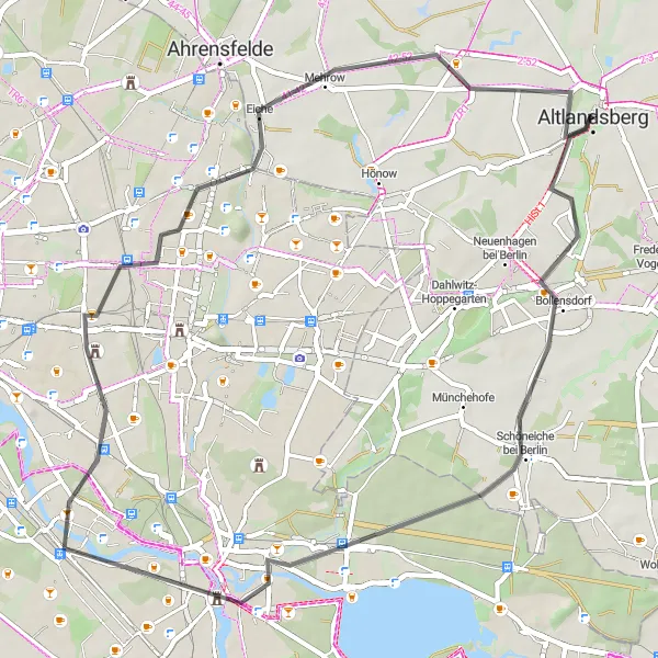 Map miniature of "Altlandsberg Loop: Discovering the Suburbs of Berlin" cycling inspiration in Brandenburg, Germany. Generated by Tarmacs.app cycling route planner