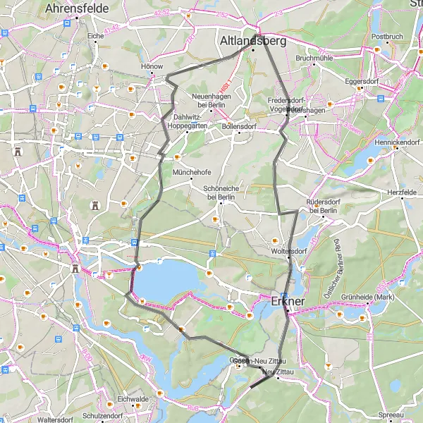 Map miniature of "Altlandsberg - Lakes and Castles" cycling inspiration in Brandenburg, Germany. Generated by Tarmacs.app cycling route planner