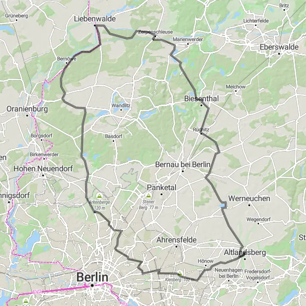 Map miniature of "Altlandsberg Countryside Explorer: Historic Landmarks and Natural Wonders" cycling inspiration in Brandenburg, Germany. Generated by Tarmacs.app cycling route planner