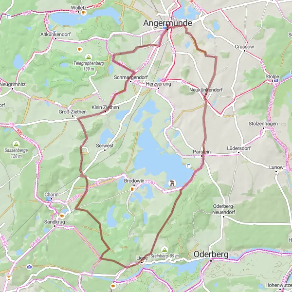 Map miniature of "Angermünde Gravel Loop" cycling inspiration in Brandenburg, Germany. Generated by Tarmacs.app cycling route planner