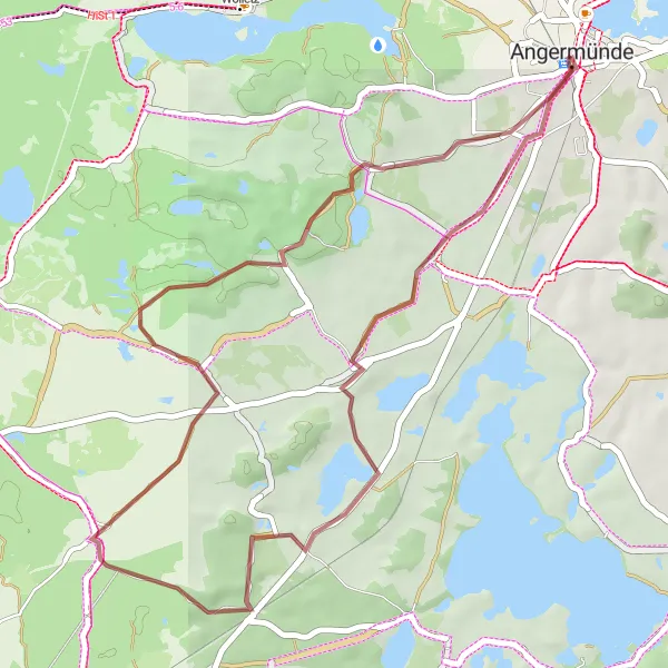 Map miniature of "Angermünde Gravel Adventure" cycling inspiration in Brandenburg, Germany. Generated by Tarmacs.app cycling route planner