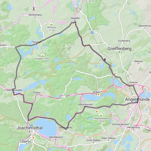 Map miniature of "Angermünde to Altkünkendorf Loop" cycling inspiration in Brandenburg, Germany. Generated by Tarmacs.app cycling route planner