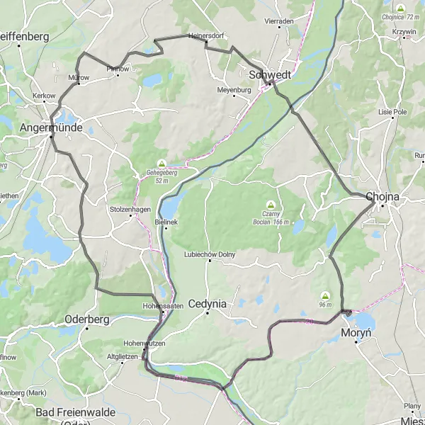 Map miniature of "Angermünde to Hohenwutzen Circuit" cycling inspiration in Brandenburg, Germany. Generated by Tarmacs.app cycling route planner