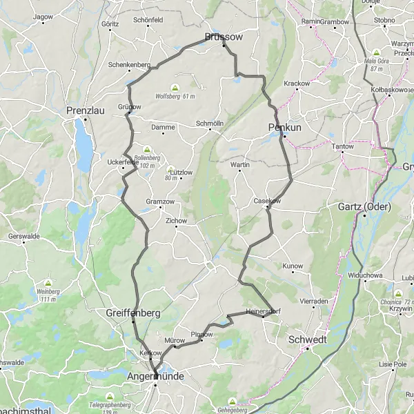 Map miniature of "The Uckermark Tour" cycling inspiration in Brandenburg, Germany. Generated by Tarmacs.app cycling route planner