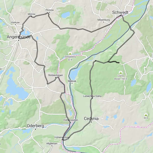 Map miniature of "Angermünde to Krähenberg Circuit" cycling inspiration in Brandenburg, Germany. Generated by Tarmacs.app cycling route planner