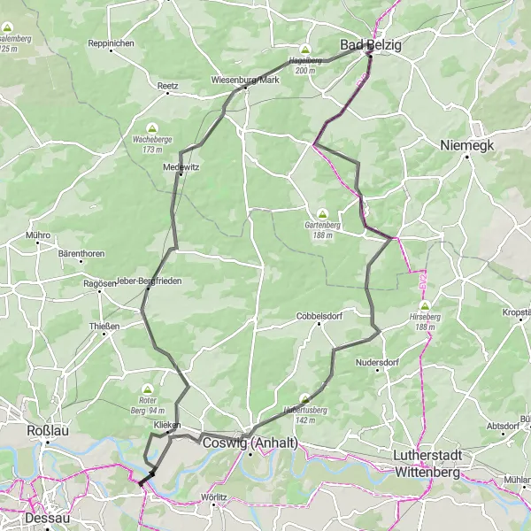 Map miniature of "Belzig Countryside Tour" cycling inspiration in Brandenburg, Germany. Generated by Tarmacs.app cycling route planner