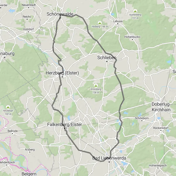 Map miniature of "Elster Road Loop" cycling inspiration in Brandenburg, Germany. Generated by Tarmacs.app cycling route planner