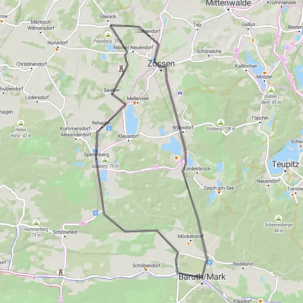 Map miniature of "Scenic Road Cycling Adventure from Baruth" cycling inspiration in Brandenburg, Germany. Generated by Tarmacs.app cycling route planner