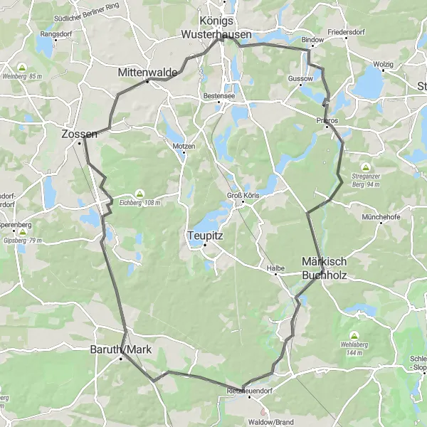 Map miniature of "The Challenging Countryside Route" cycling inspiration in Brandenburg, Germany. Generated by Tarmacs.app cycling route planner